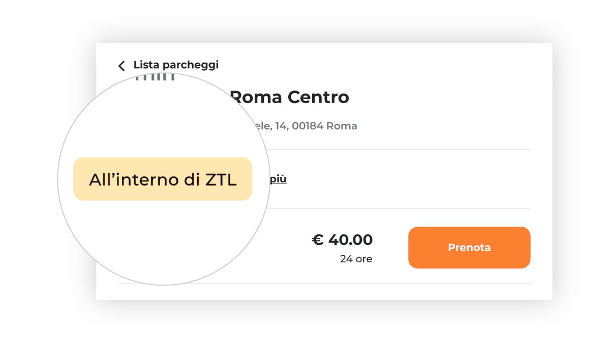 Dettaglio label "All'interno di ZTL" su sito e app di ParkingMyCar